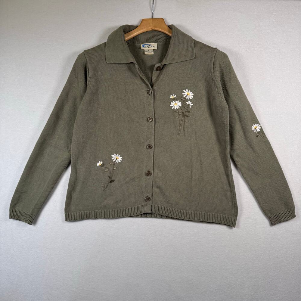 VINTAGE LASOLAS Flower Daisy Embroidered Cotton Cardigan Button Cottagecore sz M